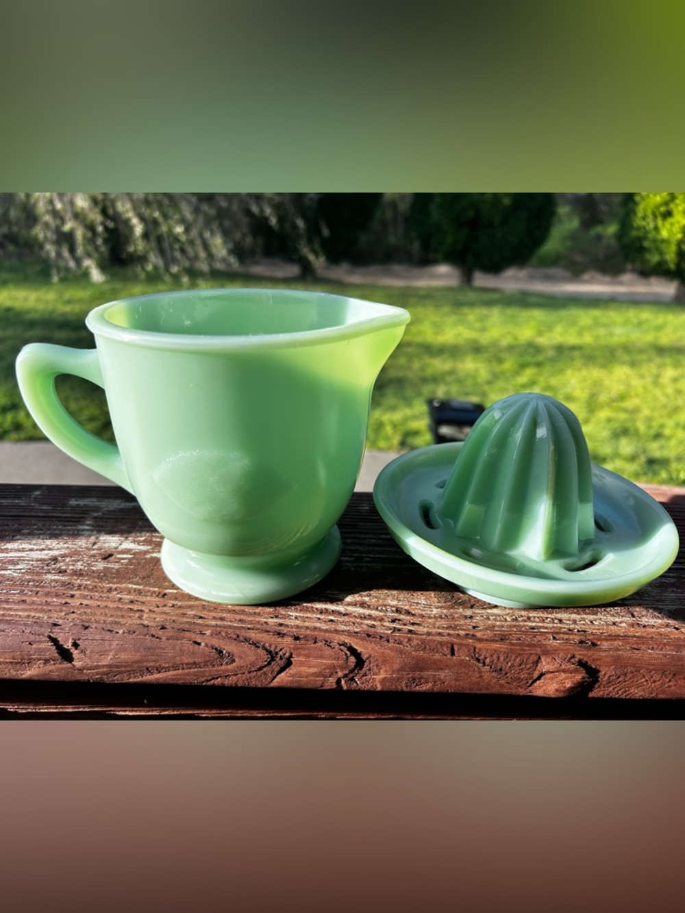 Jadeite Green Glass Creamer and Citrus Juicer Set
